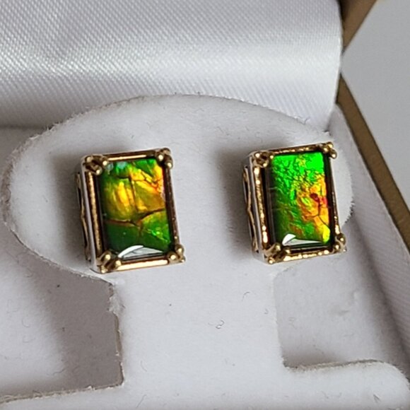 Gems En Vogue Palladium Silver Gold Plate Ammolite Gemstone Square Stud Earrings - Picture 11 of 14